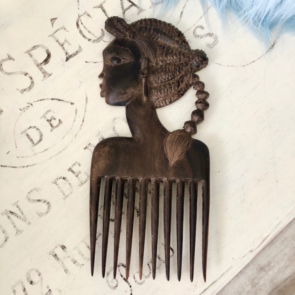 Afro‎ Hair Comb, Hand Carved Ebony Wood, 10in x 4.25in, Wide Tooth